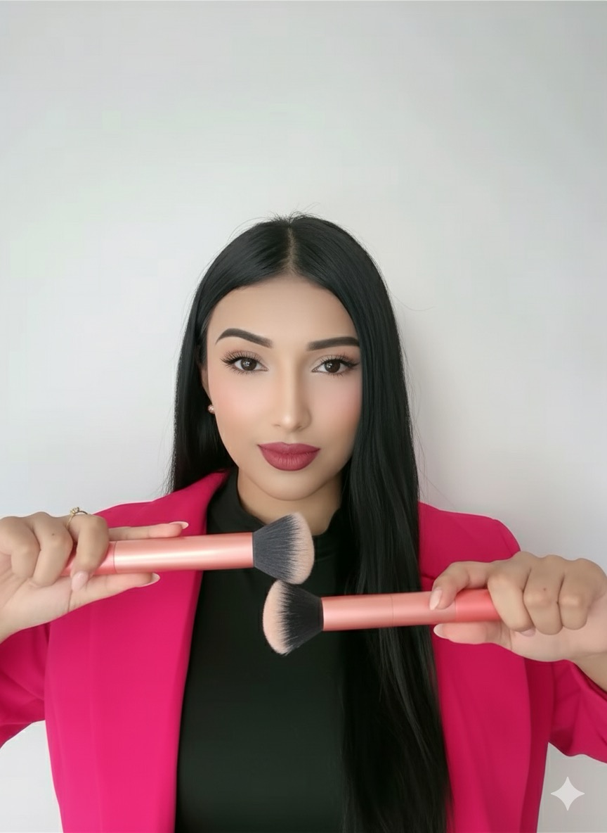 May Martínez, maquilladora profesional y creadora de Instituto Glam, con dos brochas de maquillaje